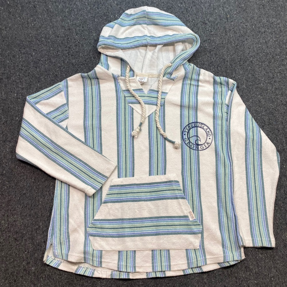 Bloom Pop Tybee Island Georgia Baja Hoodie Sz S Womens Blue Green Stripe Beach